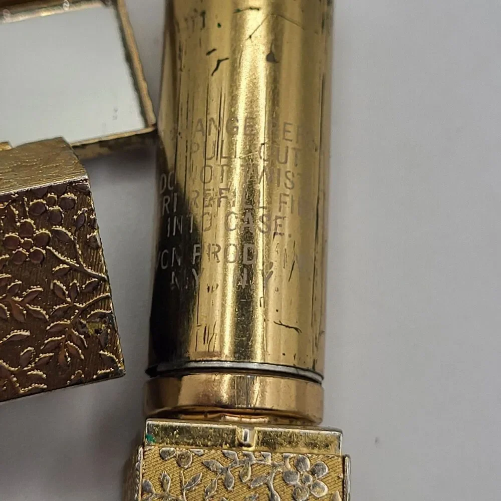 Vintage 50's Avon Gold Tone Metal Lipstick Case w. Mirror Floral Stamping 2in